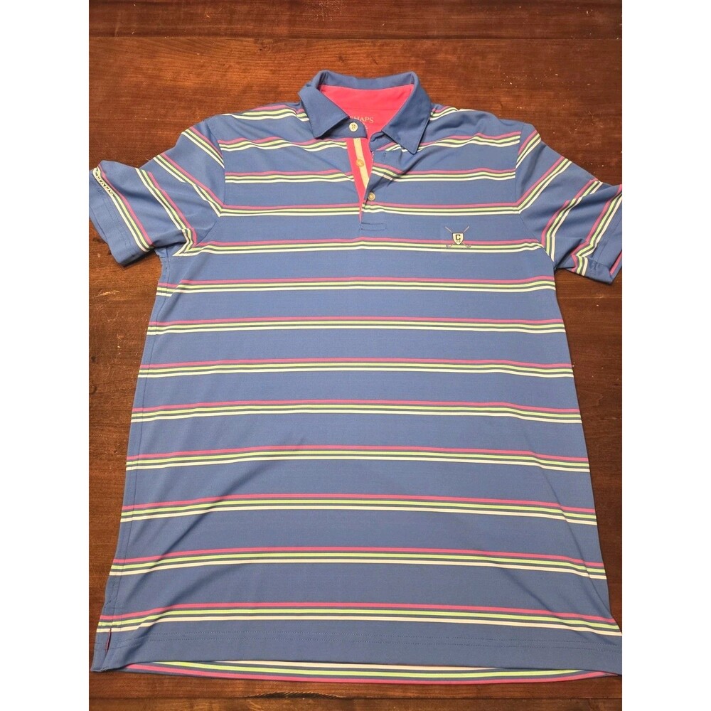 Chaps Golf Polo Shirt Mens Medium Blue Striped Short Sleeve Performance C78 Logo